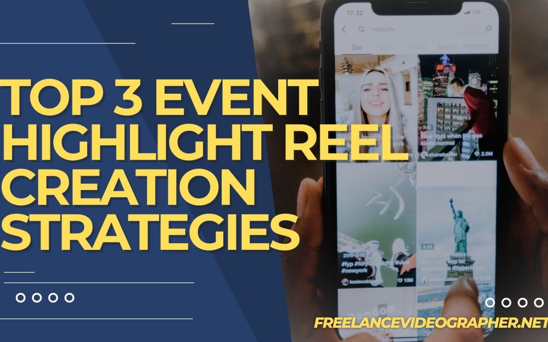 Image of a phone that shows social media clips and words that says Top 3 Event Highlight Reel Creation Strategies