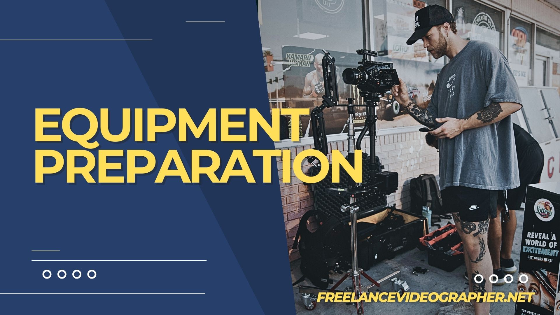 Image of a cameraman and camera equipments being prepared for a shoot, and words that says Equipment Preparation